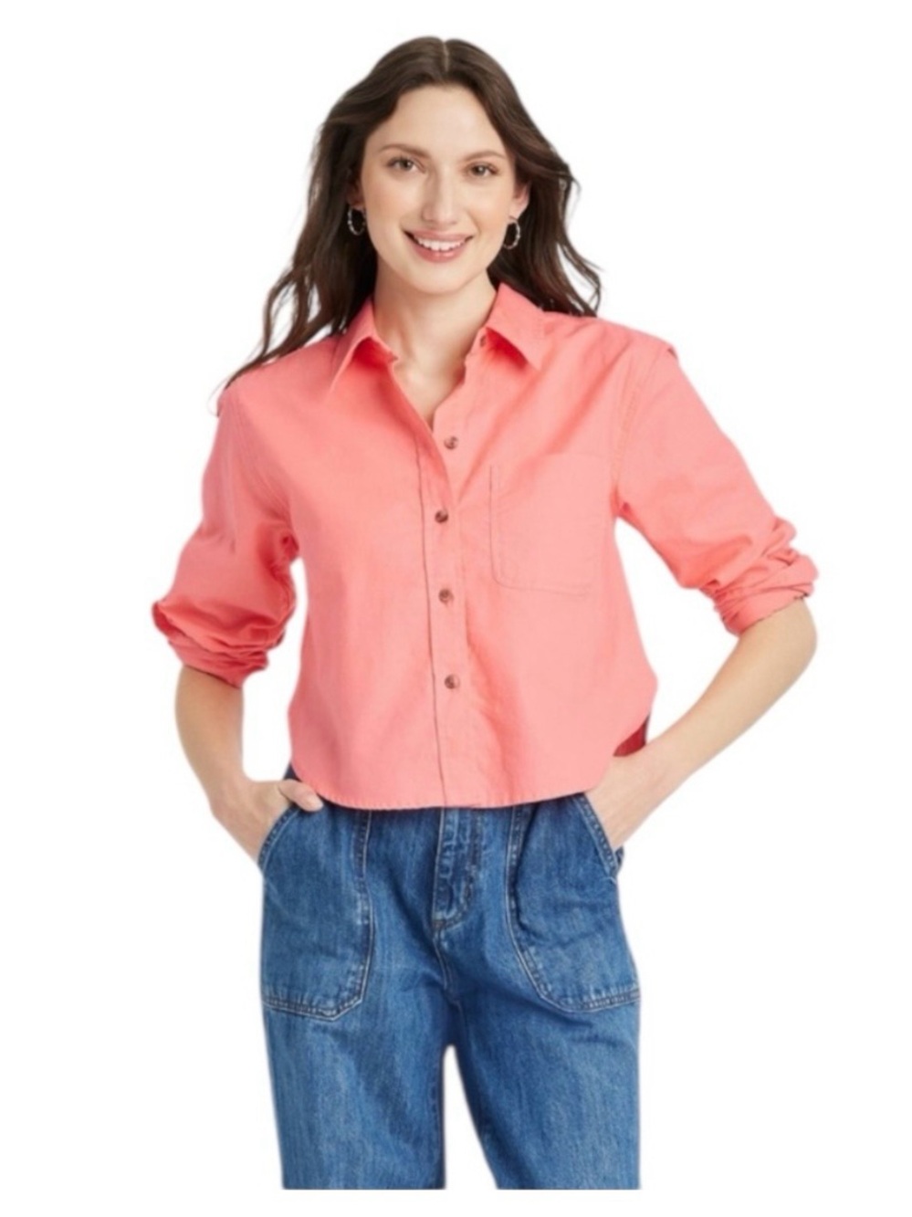 Universal Thread Women’s Coral Cropped Button Up Shirt (88% Cotton / 12% Linen)